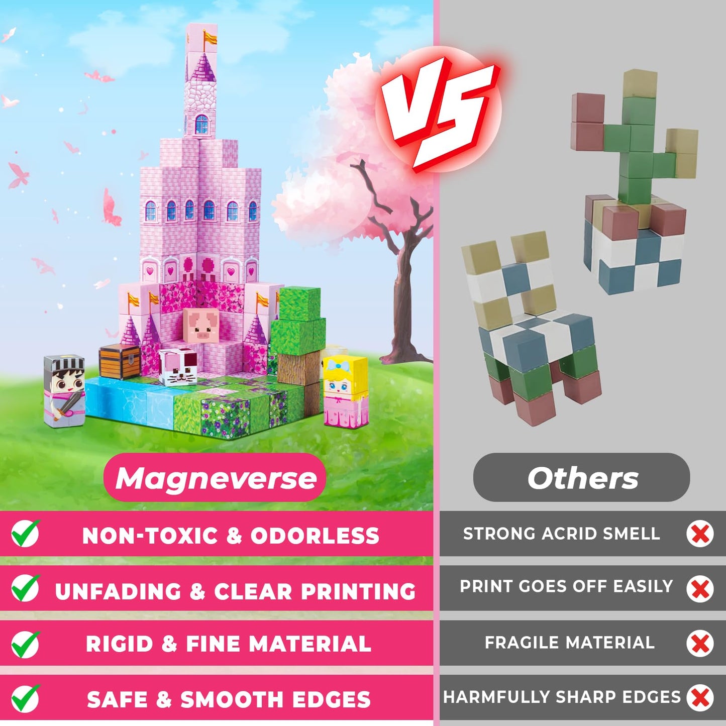 Magnetic Blocks - 100PCS Magnetic Building Block for Kids, Pink Princess Castle Magnet Cubes Sets, Princess Toys for Girls Ages