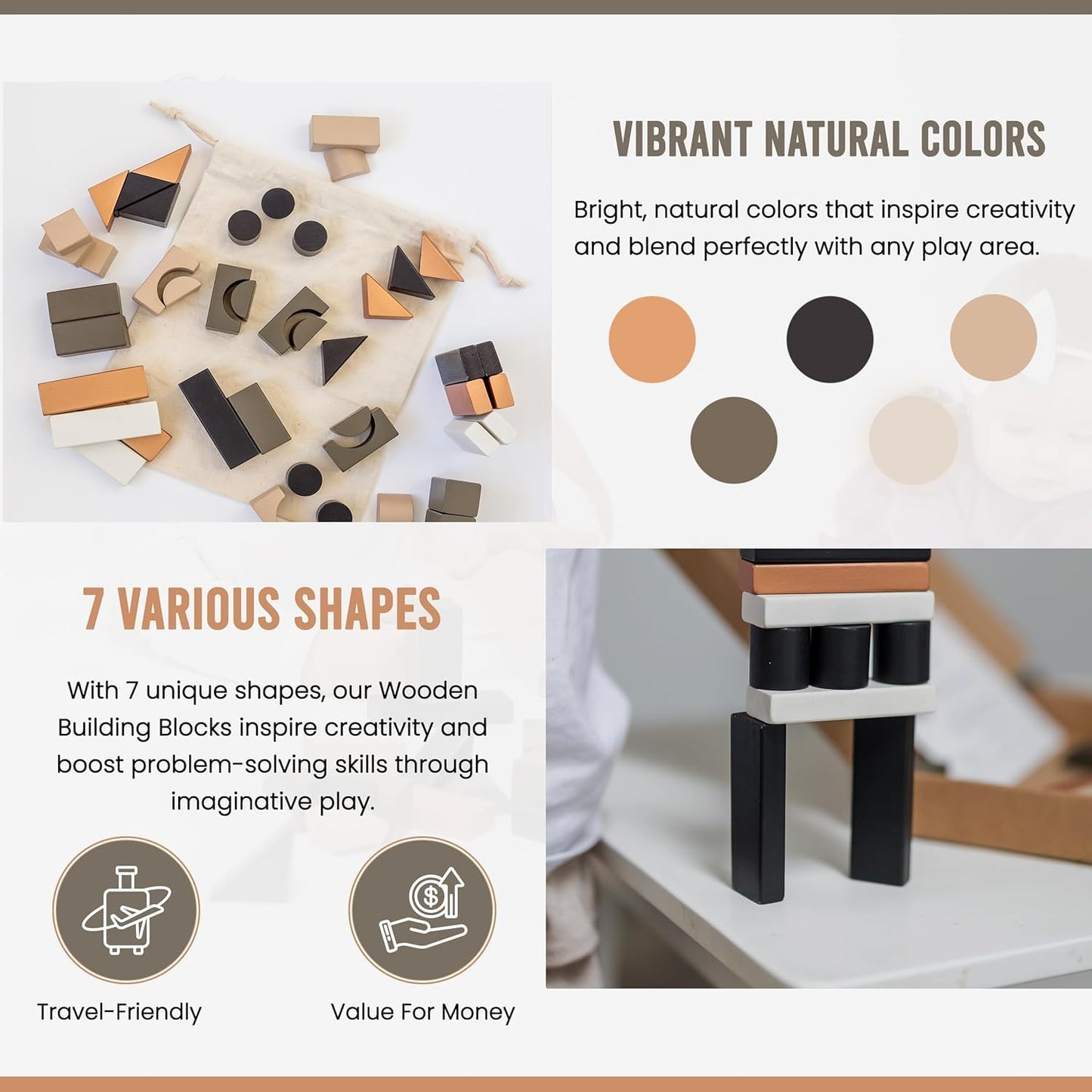 Wooden Building Blocks For Toddlers - Kids Stacking Blocks | 46 Pieces Wooden Blocks | Assorted Shapes Toddler Blocks | Toddler