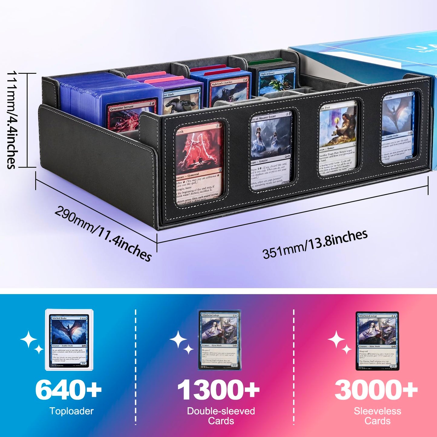 Uaono Trading Card Storage Box With Commander Display; 2400+ Deck Box For Mtg With Removable Cover; Toploader Card Case Fits Magic Tcg Ptcg Sports Cards; 24 Dividers, 4 Stoppers (Black, Grey)