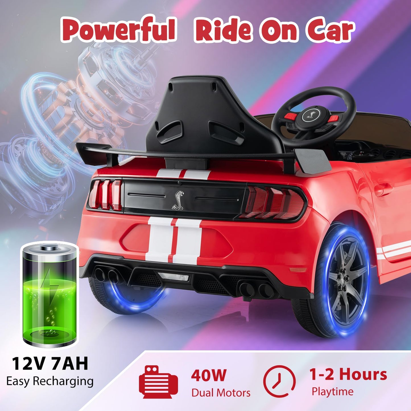 Costzon 12V Ford Mustang Shelby GT500 Ride-On Car, Red, Large, Polypropylene, Remote Control, USB, Radio, Music, High/Low Speed