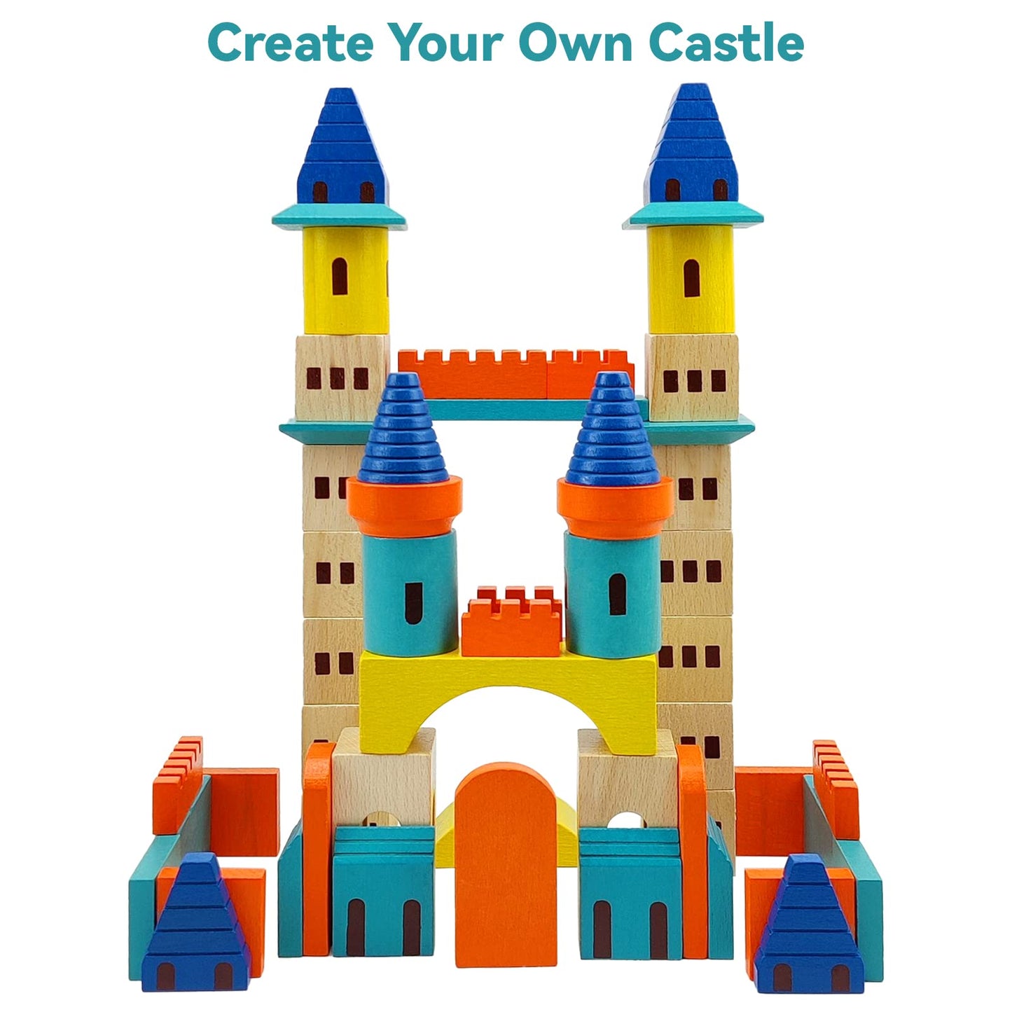 Wooden Castle Building Blocks Set, Big Solid Beech Wood Toddlers Stacking Block Toy, Kids Construction Playset For Boys Girls 69 Pieces Set