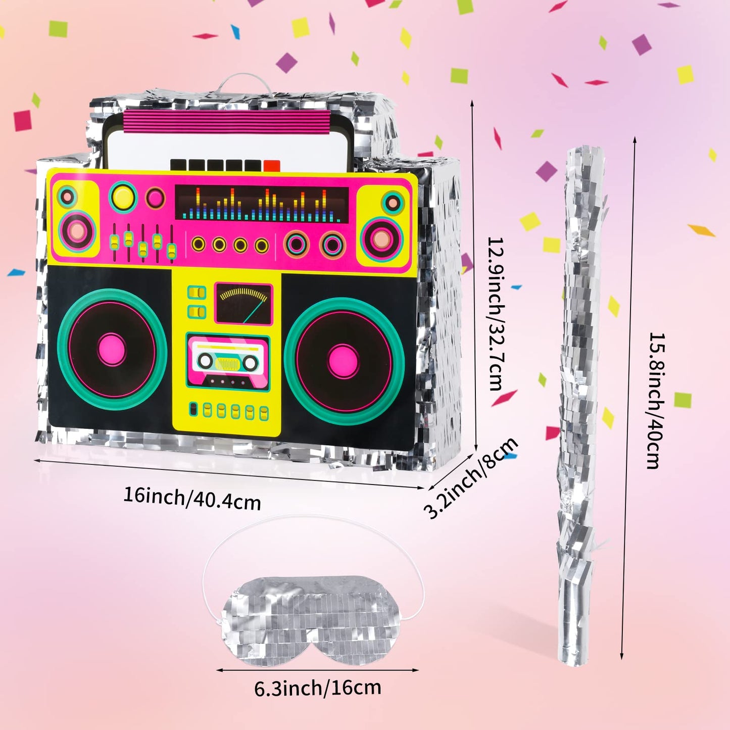 Hooqict Boombox Pinata - Retro 90s Theme Radio Music, Multicolored, Cardstock, Perfect for Birthday Party Games