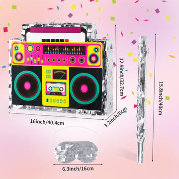 Hooqict Boombox Pinata - Retro 90s Theme Radio Music, Multicolored, Cardstock, Perfect for Birthday Party Games