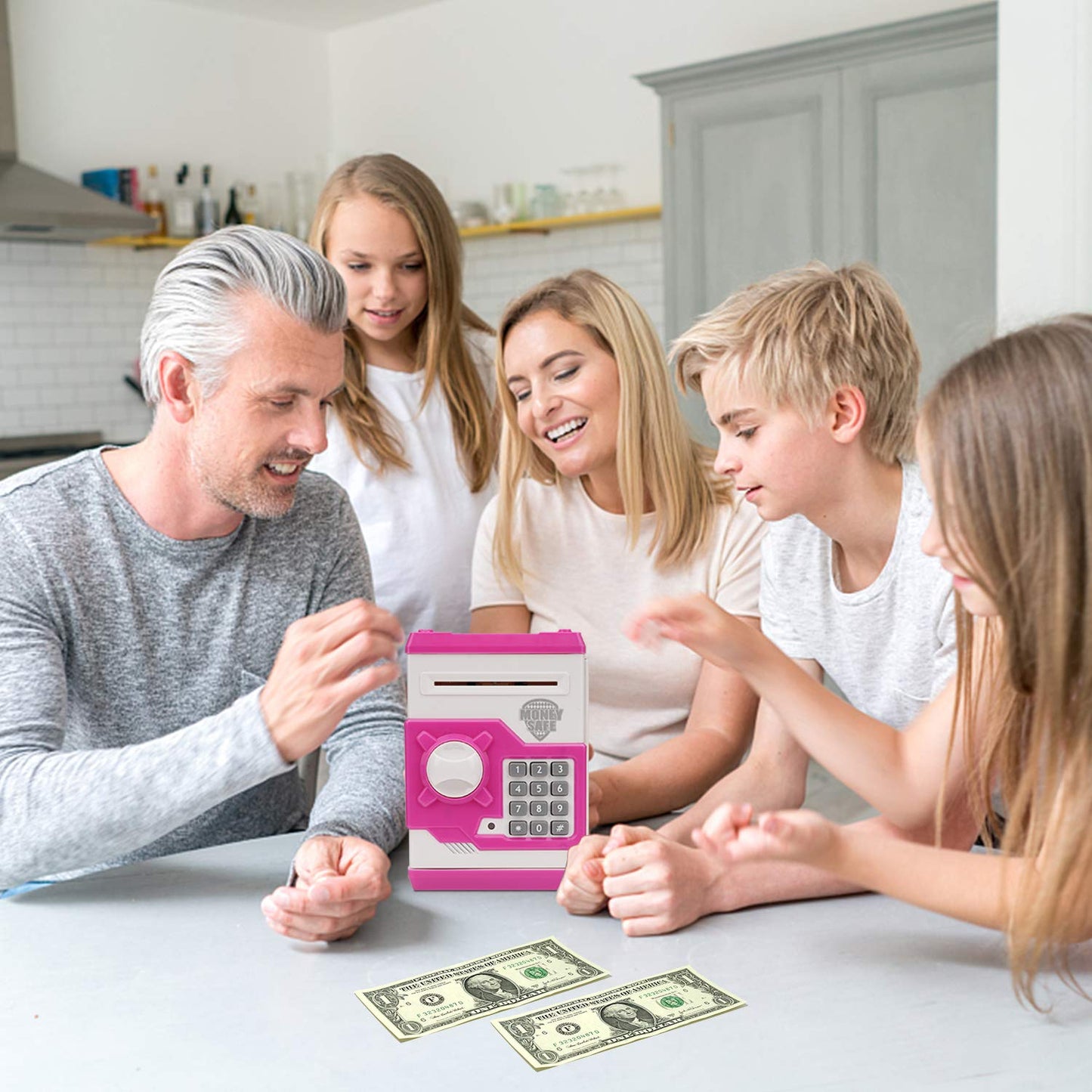 Adevena Electronic Piggy Bank, Mini Atm Password Money Bank Cash Coins Saving Box For Kids, Cartoon Safe Bank Box Perfect Toy Gifts For Boys Girls (White Pink)