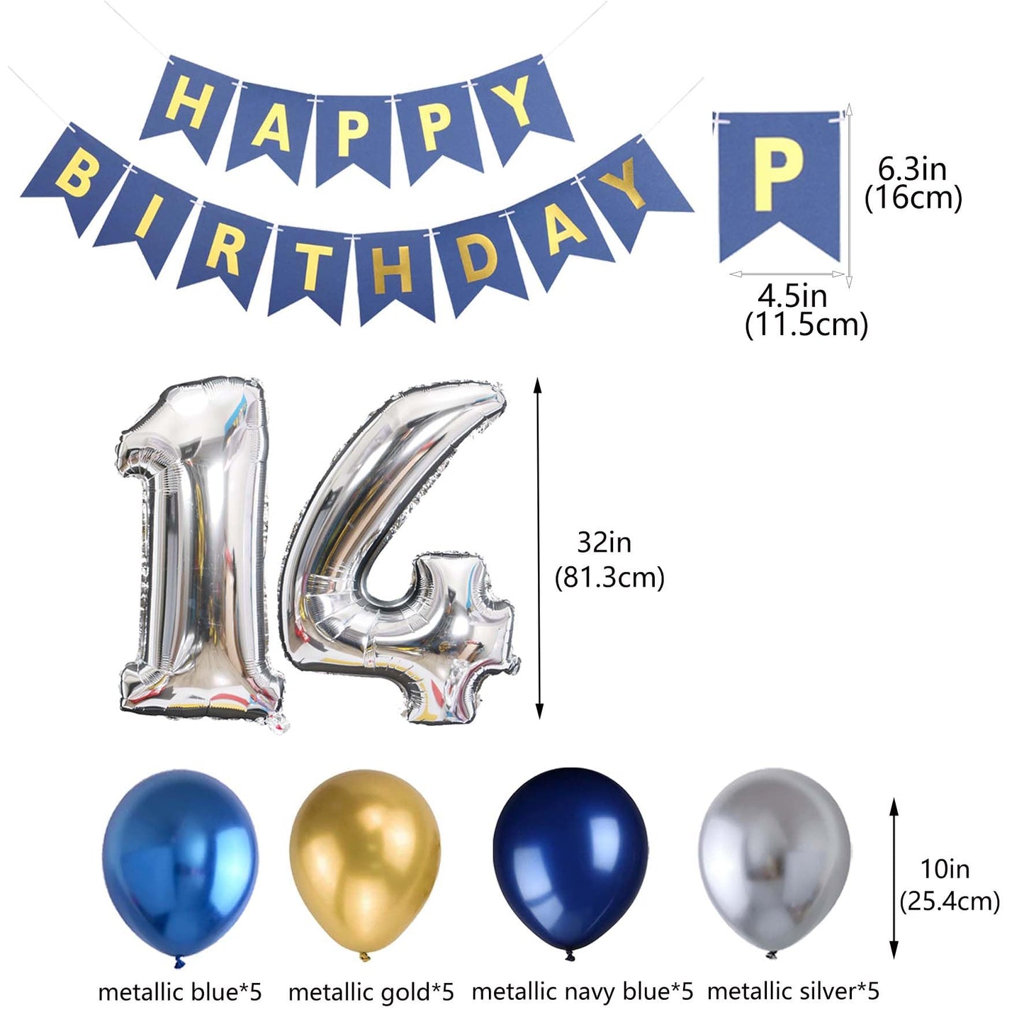 14Th Birthday Party Decoration For Boys, Birthday Banner Blue Number 14 Birthday Balloons Metallic Silver Blue Gold Latex Balloo