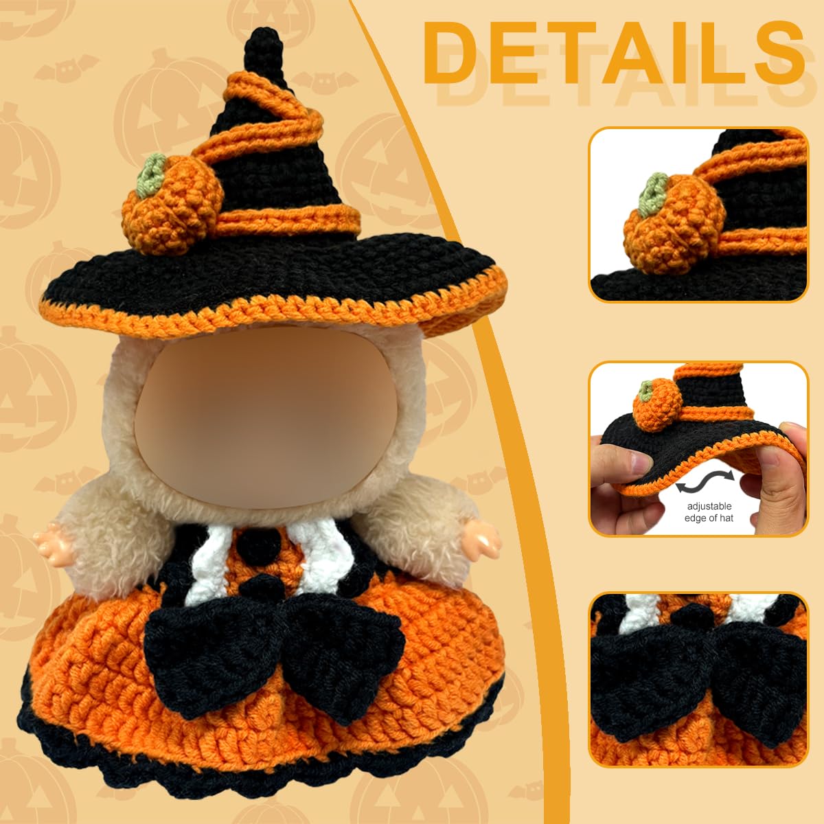 Halloween Clothes for 15-17cm Dolls 2 Piece Witch Cosplay Costume Doll Clothes Handcrafted Crochet Halloween Outfit for Dolls (No Doll Included) (Orange)