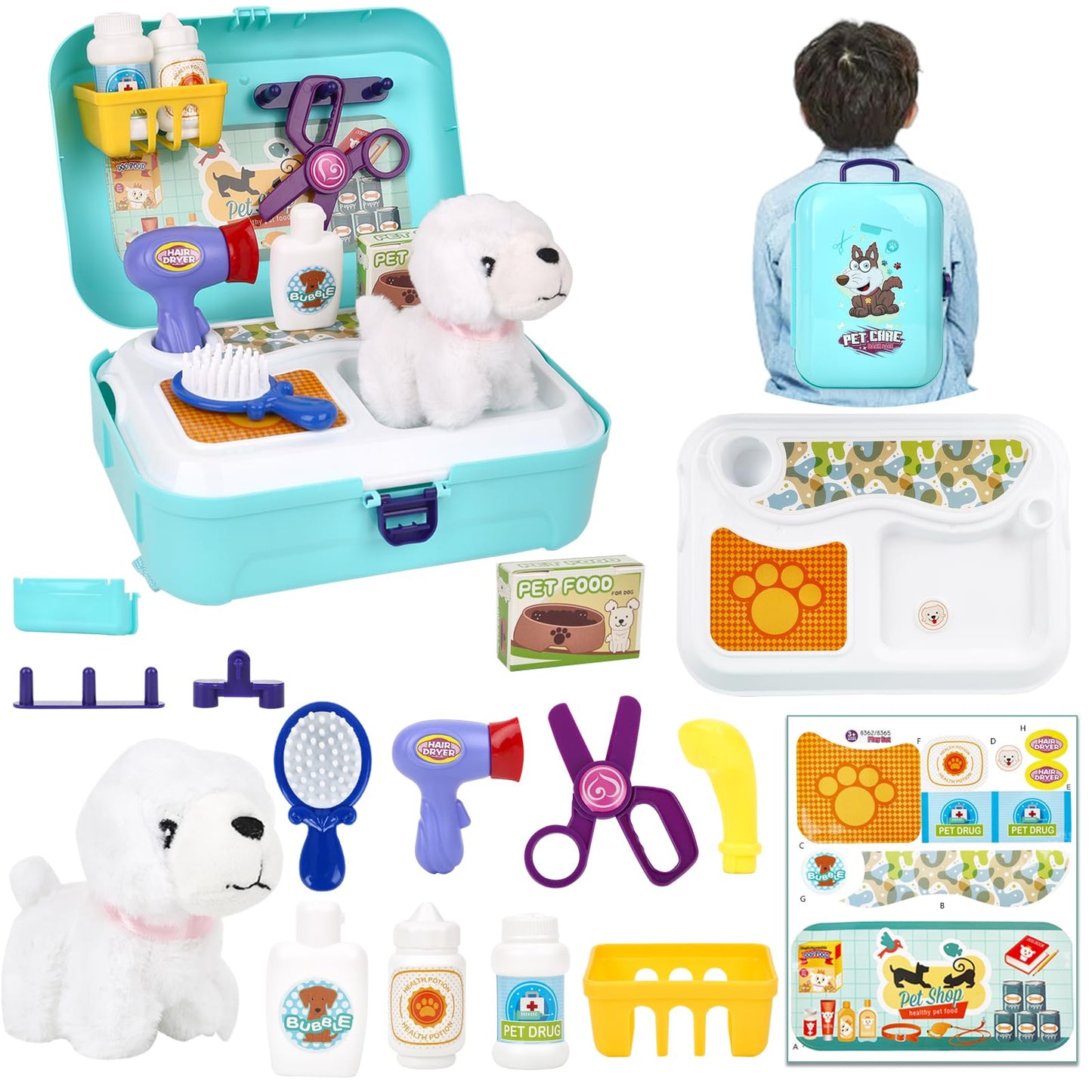 Pet Care Play Set for Kids, 16Pcs Doctor Kit Pretend Play Vet Dog Grooming & Feeding Toys with Backpack, Educational Toys for Gi