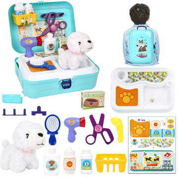 Pet Care Play Set for Kids, 16Pcs Doctor Kit Pretend Play Vet Dog Grooming & Feeding Toys with Backpack, Educational Toys for Gi