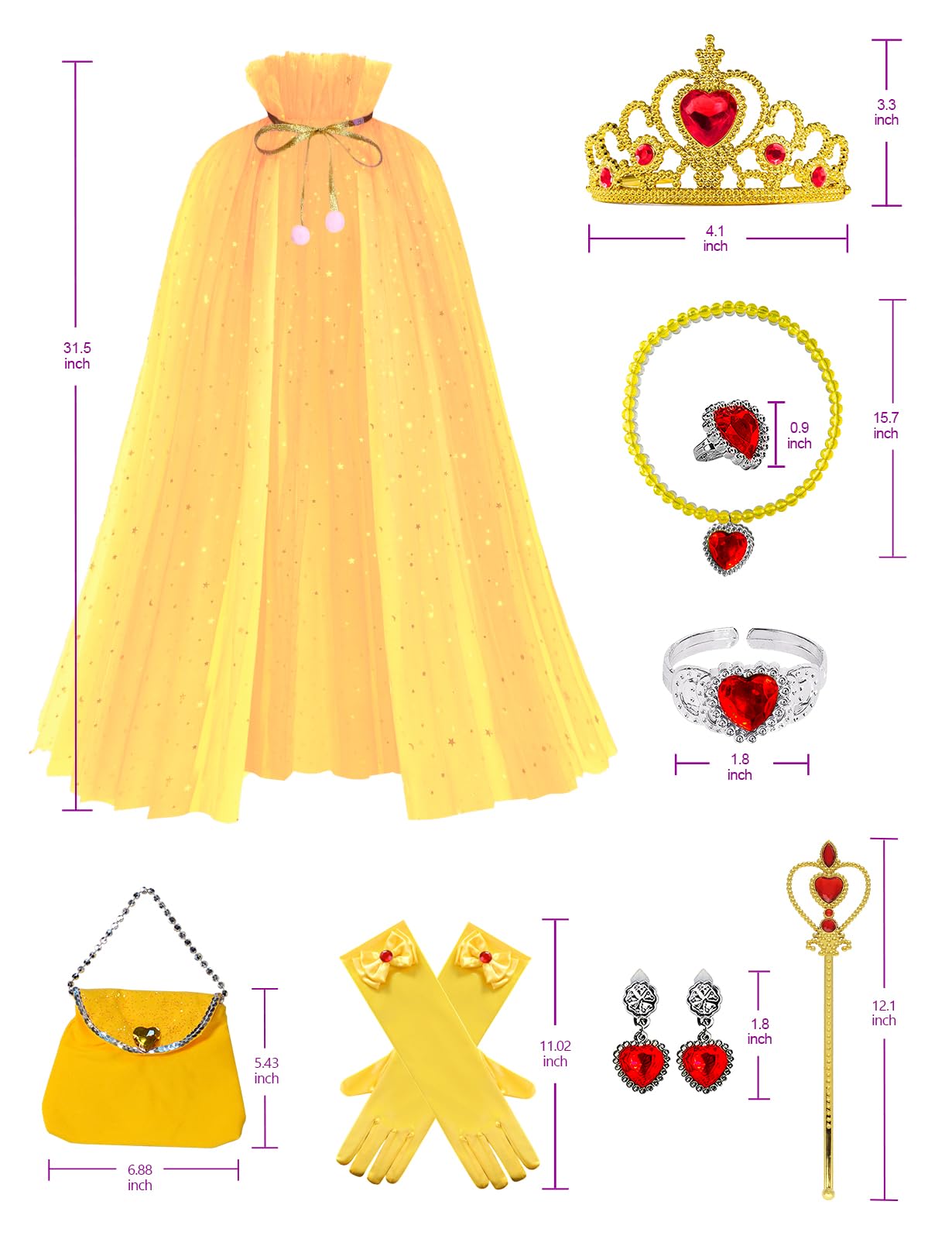 Sabbenia Princess Cape Set For 3-8 Year Old Holiday Gift For Little Girls Dress Up Christmas Halloween Costume(Yellow)