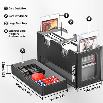 Uaono Card Deck Box For Mtg, Double Card Storage Box With 2 Commander Display & 1 Dice Tray, Fits 200+ Double Sleeved Cards, Card Organizer For Ccg Tcg Sports Cards (Black Gray)