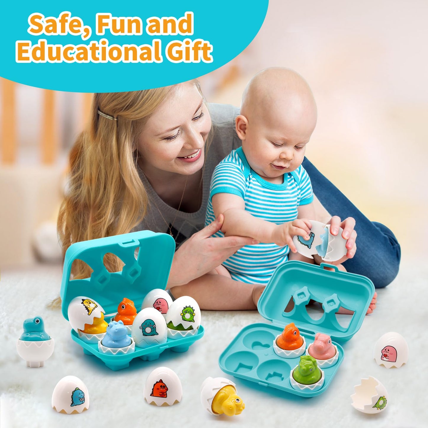 Moontoy Easter Dinosaur Egg Toys For Toddlers 1-3 Matching Game, Dino Eggs Montessori Toys For Babies 6-12 Month Baby Puzzles 12-18 Months Play Shape Sorter Sorting Sensory Gift Easter Basket Stuffers