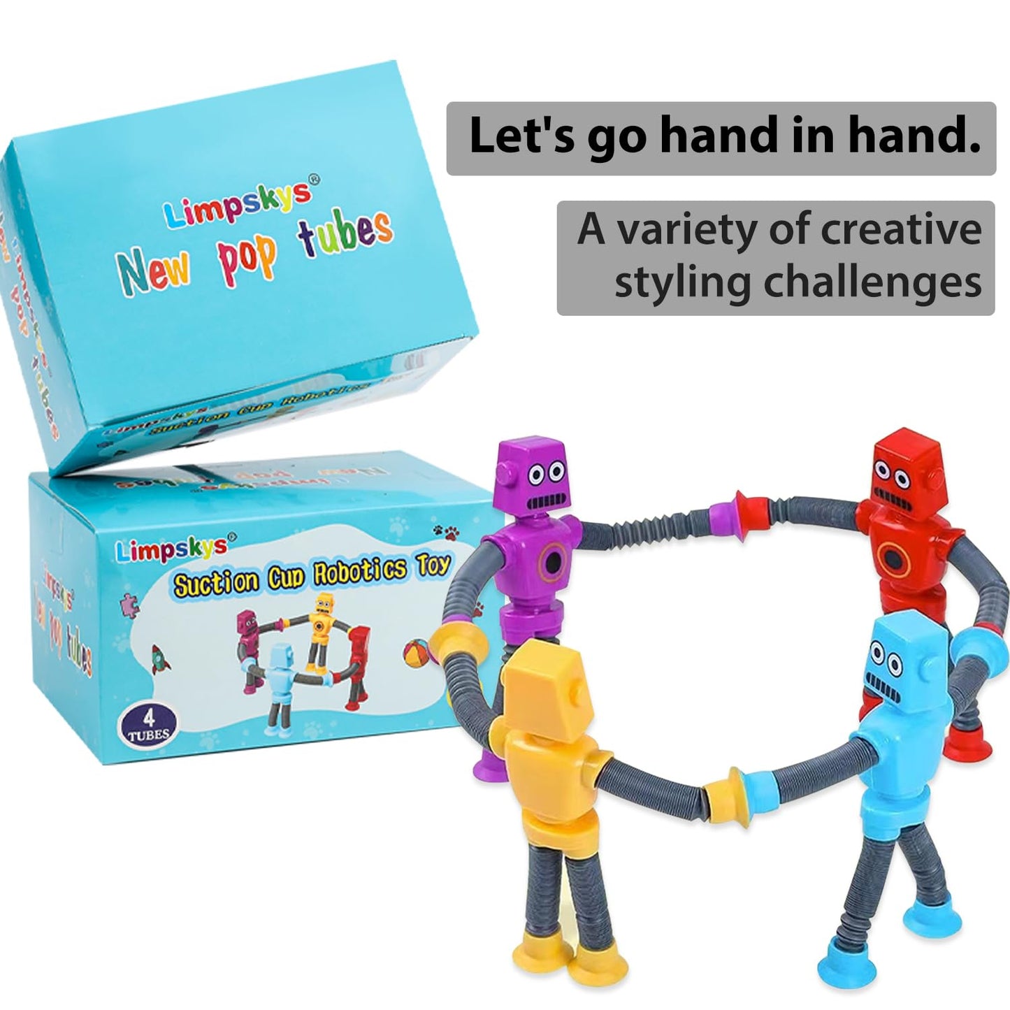 Limpskys Suction Cup Robot Toy, 4 Pack, Medium, Plastic, Multiple Colors, Sensory Toys for Kids Ages 3-7, Autism Friendly