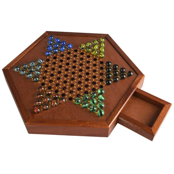 Large 12.7' Inch Chinese Checkers Set Premium Wooden Board Game For Adults And Kids With 60+12 Vibrant Glass Marbles | Dual-Sided Storage Drawer | Perfect Family Board Game For Kids And Adults