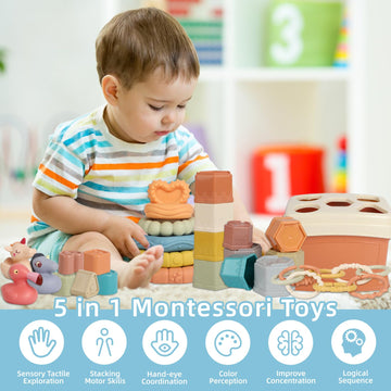 Byfwh 5 In 1 Montessori Baby Toys For 6-48 Months,Shape Sorters Stacking Cups,Rings Toy Links,Soft Stacking Rings,Blocks Set,Sof
