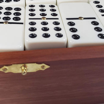 Marion Double 9 Domino Set (55 Tiles) Jumbo Tournament Professional Size With Spinners In Dovetailed Sheesham Wood Box (White Sheesham)