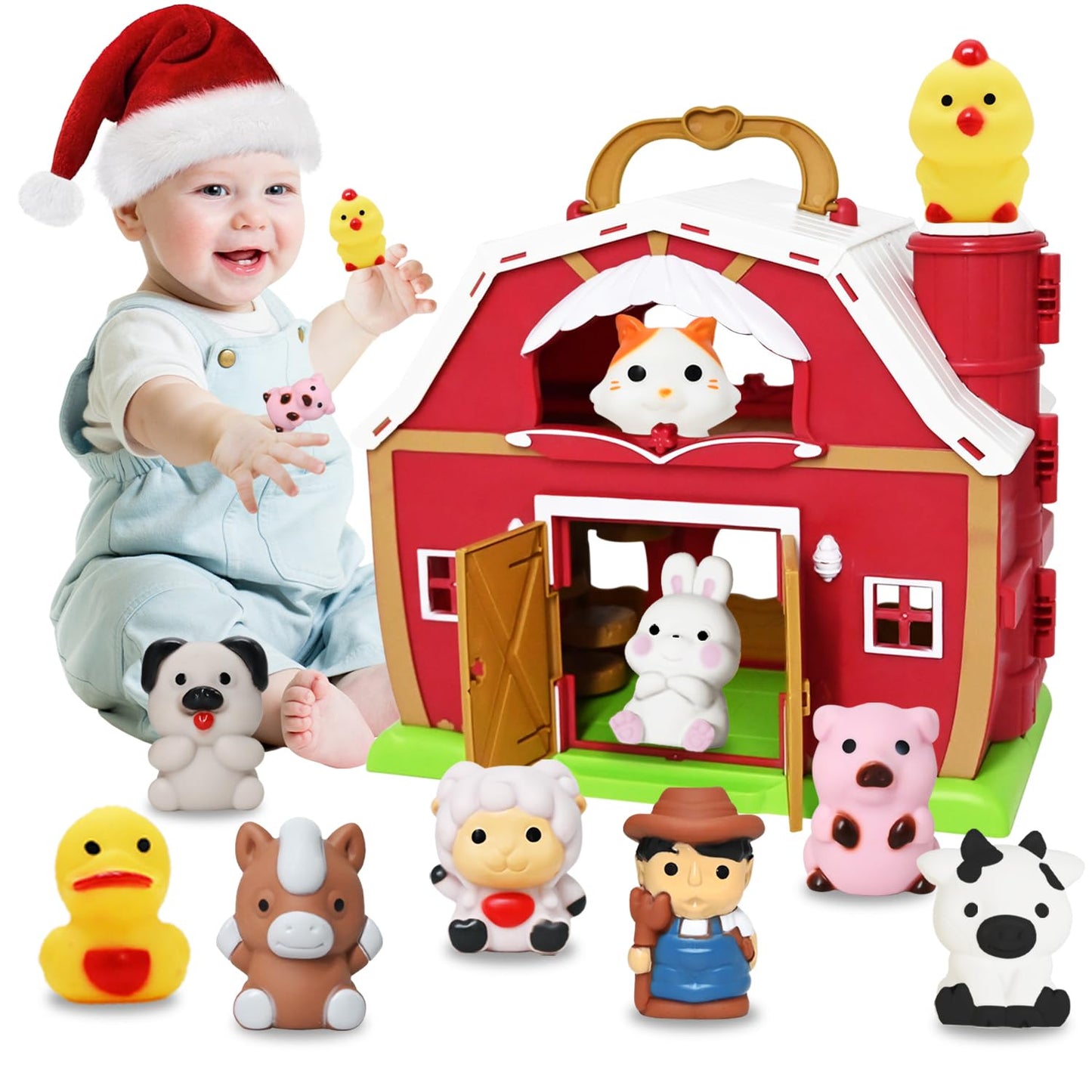 Big Red Barn Toy Farm Animal Finger Puppets For 1-3 Years Old, Pretend Farm Playset With Barn & Farmer, Preschool Montessori Learning Toys, Christmas Birthday Gift For Toddlers Boys Girls