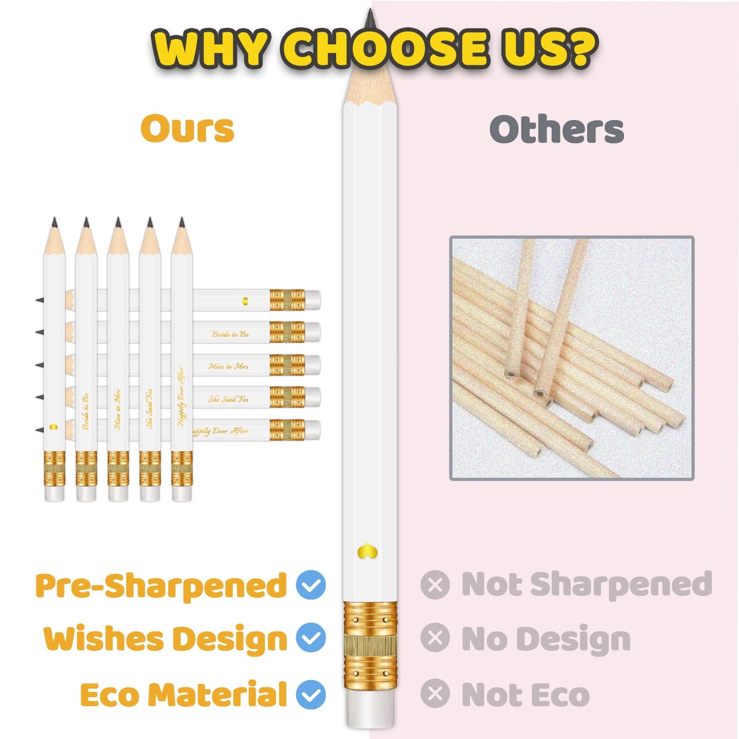Vusnud 50Pcs Pre-sharpened Graphite Pencil for Bridal Shower & Wedding Games (White, She Said Yes, 4 Inches)
