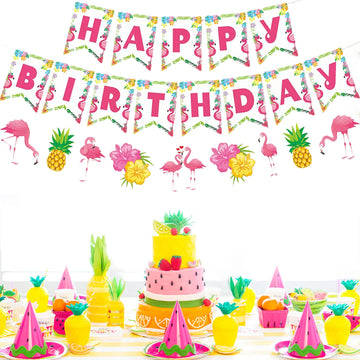 Zwiebeco Flamingo Birthday Party Decoration,Tropical Hawaiian Summer Theme Party Supplies,Flamingo Pineapple Banner Bunting Garl