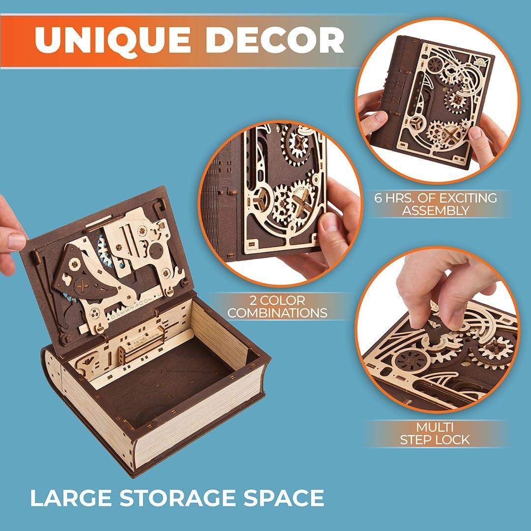 UGEARS Book of Secrets Puzzle Box - 3D Wooden Puzzles for mature-themeds  Fun Wood Steampunk Combination-Lock - DIY Building Mechanical Model Kit for Fathers Day and Hobby Enthusiasts - 263 Pcs