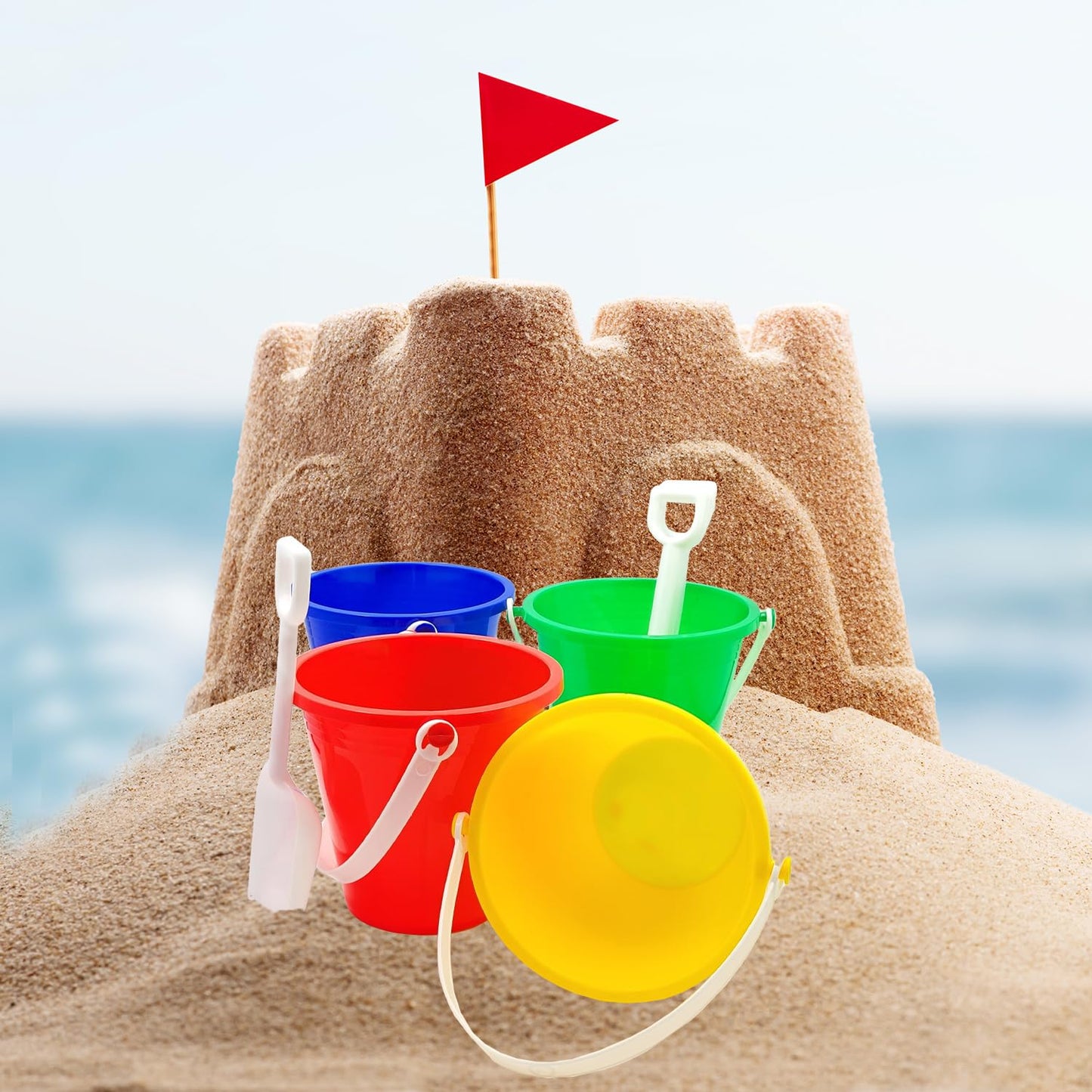 The Dreidel Company Beach Day Playsets (Pack of 12) 5.25'' Sand Bucket Play Set Box Includes, Pail & Shovel Sand Toy for Boys an