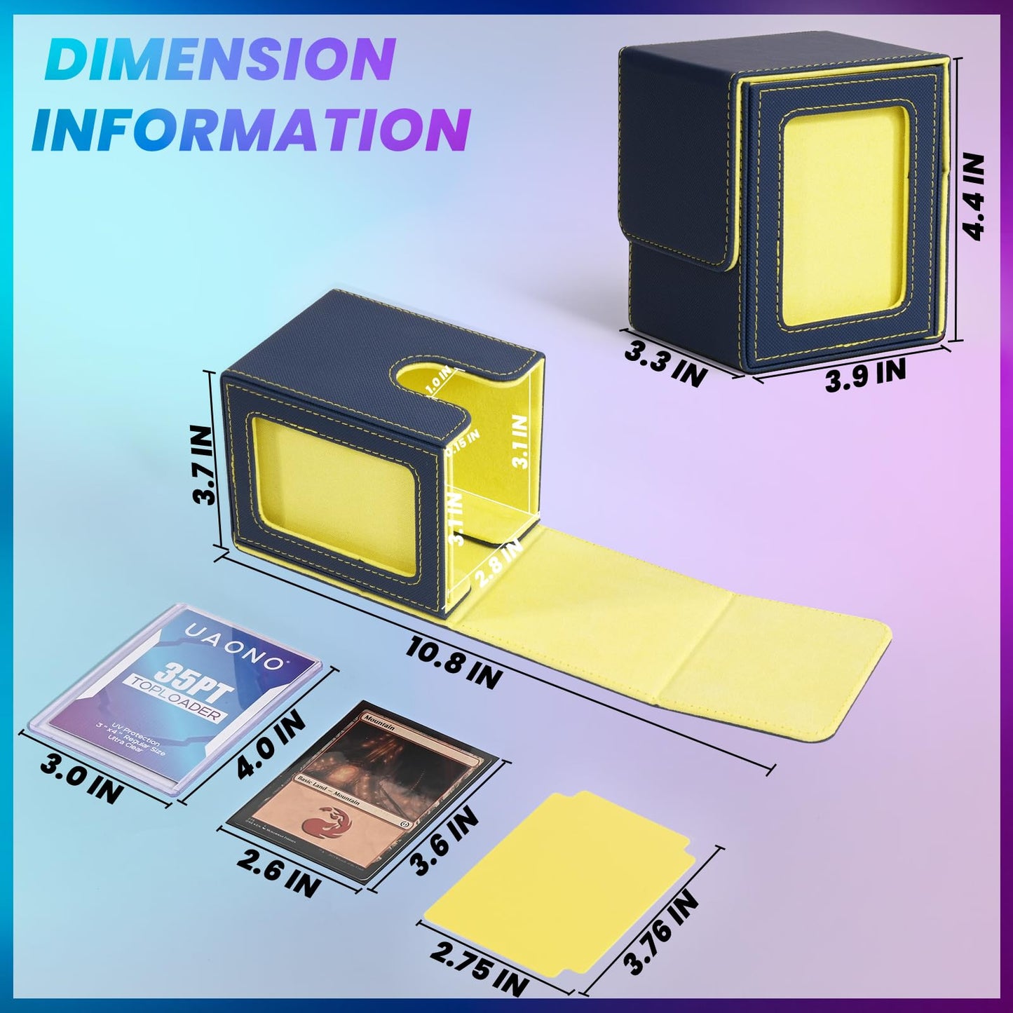 Uaono Card Deck Box With Mtg Commander Display, Deck Case Holds 100+ Double-Sleeved Cards, Trading Card Storage Box Fits Tcg/Ptcg/Sports Card With 2 Dividers, 1 Toploader (Blue, Yellow)