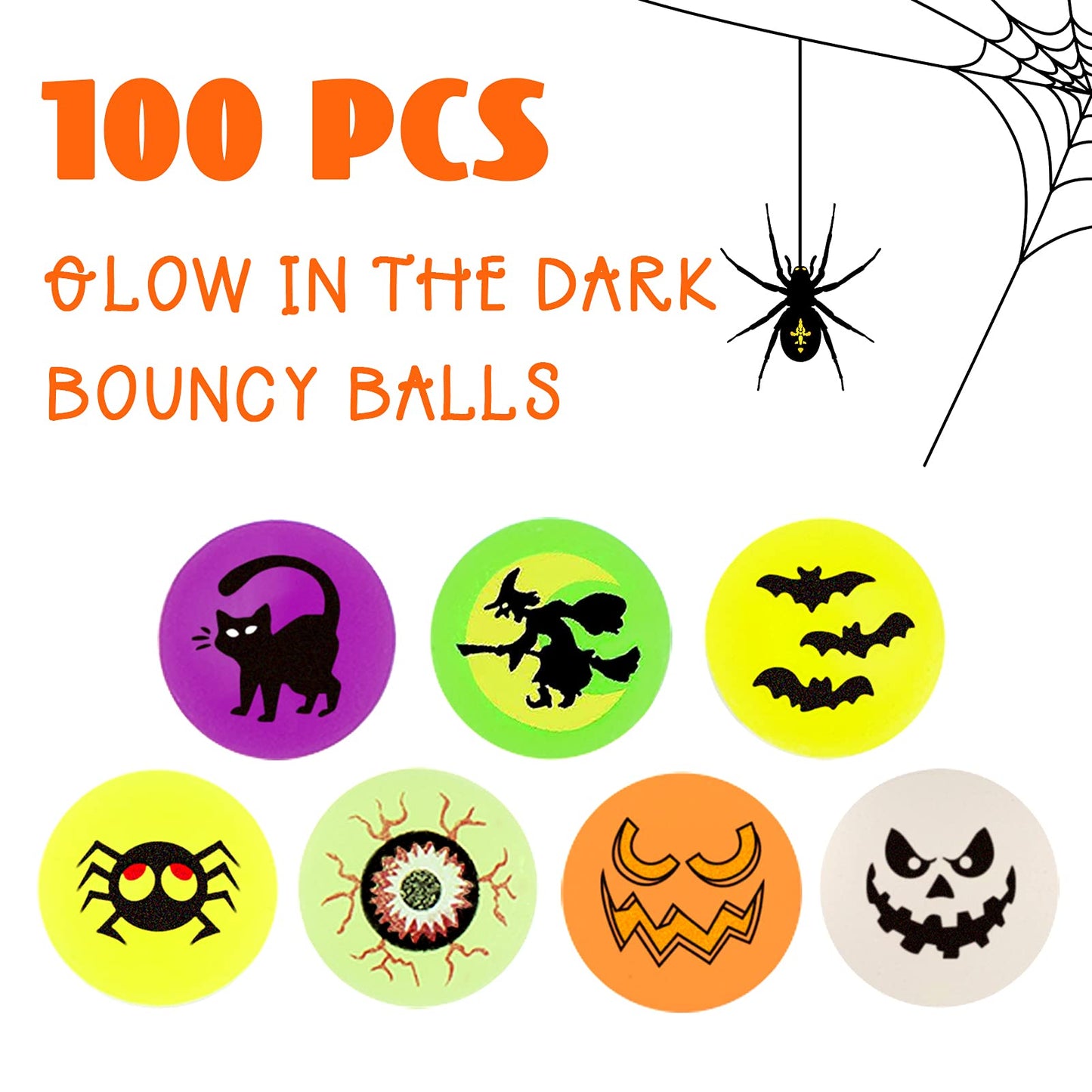 Pllieay 100 PCS Halloween Bouncy Balls for Kids, Glow in The Dark Bouncing Balls, Halloween Party Favor Supplies, School Classro