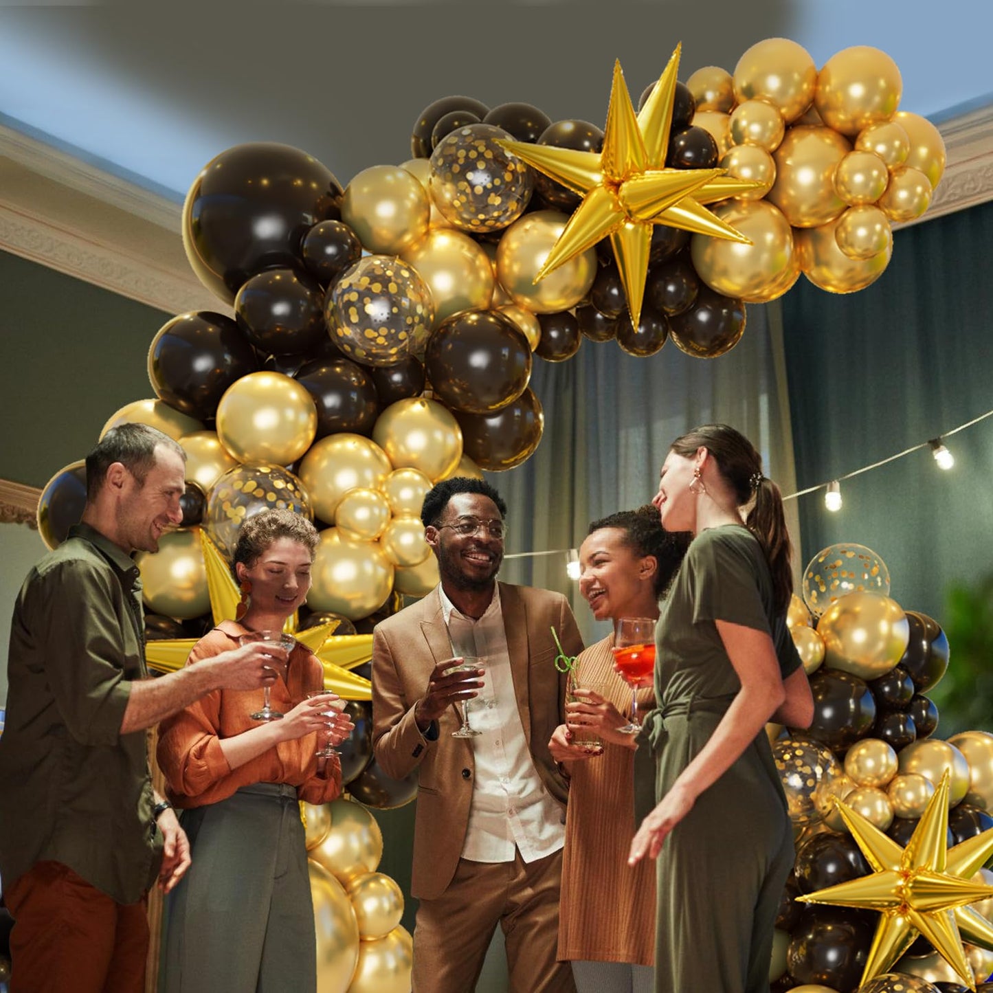 Bonropin 161Pcs Black And Gold Balloons Garland Arch Kit With Explosion Star Balloons, 5/10/12/18In Black Gold Confetti Latex Ba