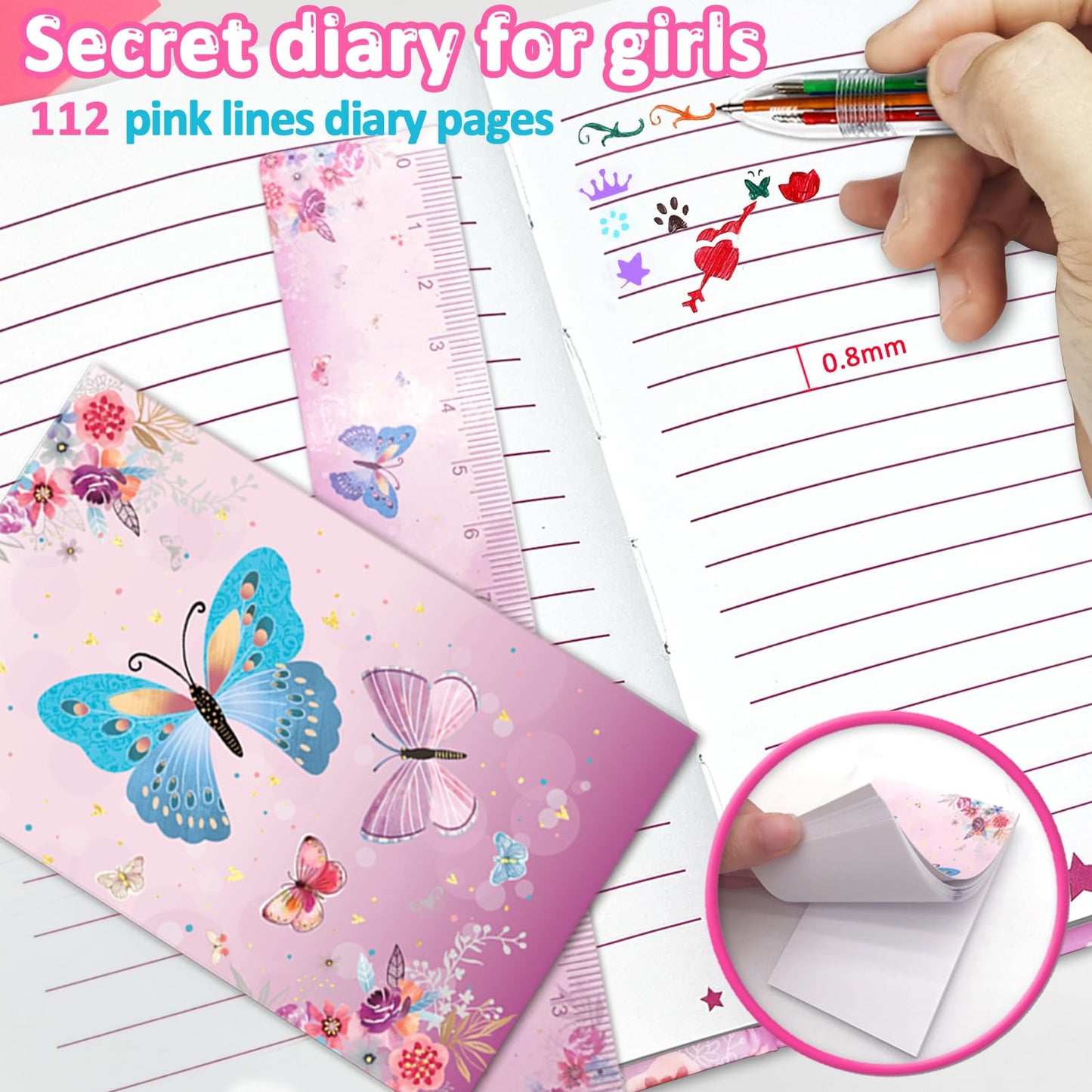 Butterfly Girls Diary With Lock, Set Of Diary For Girls Incl. Kids Journal With Lock & Pen (6-Multicolor) Memo Ruler Sharpener Eraser Pink Girls Journal Writing Notebooks For Kids Gifts For Girls 6-8