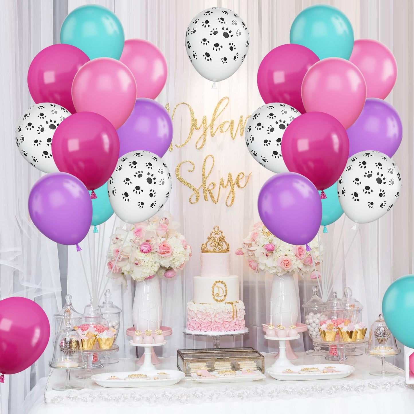 Pink Teal Purple Paw Balloons, 12 Inch Paw Balloons With Hot Pink Teal Purple Dog Paw Printed Balloons Metallic Rose Balloons Fo