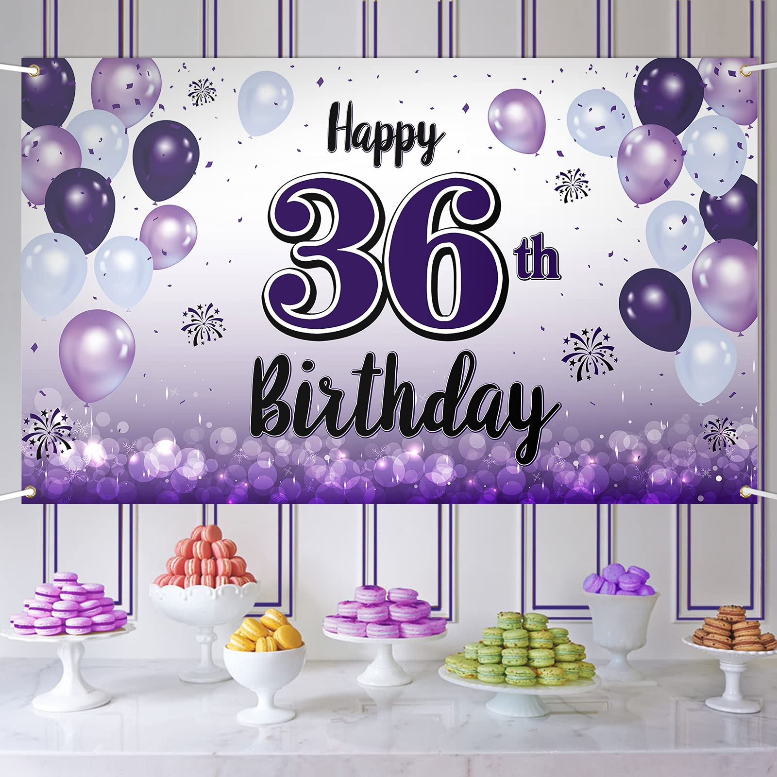 LASKYER Happy 36th Birthday Decorations,36th Purple Balloon Large Birthday Banner Backdrop Sign,36 Years Old Bday Party Supplies