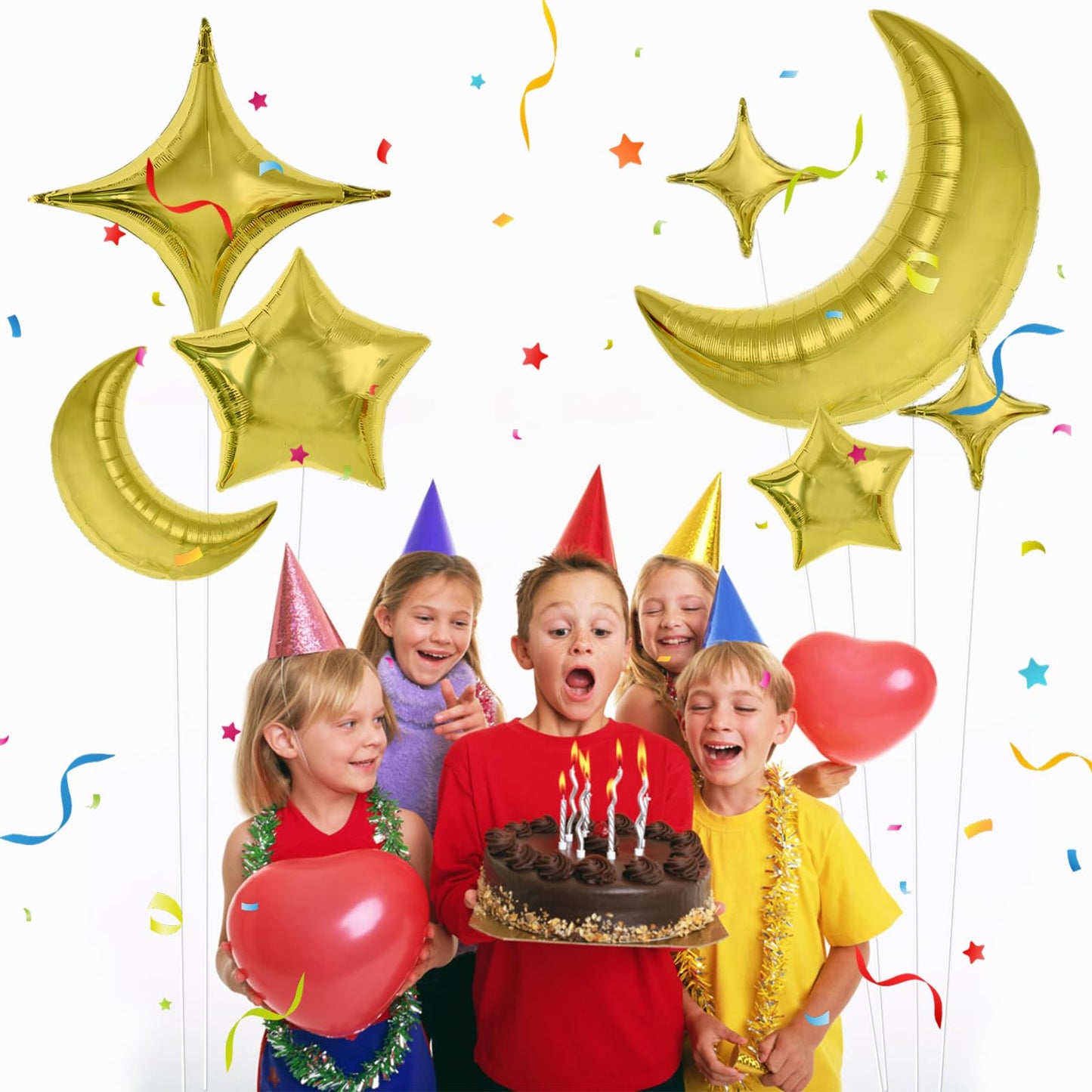 TONIFUL 52pcs Gold Moon & Star Foil Balloons - Large Moon Shape & Star Mylar Foil Balloons for Birthday, Wedding, Baby Shower, A