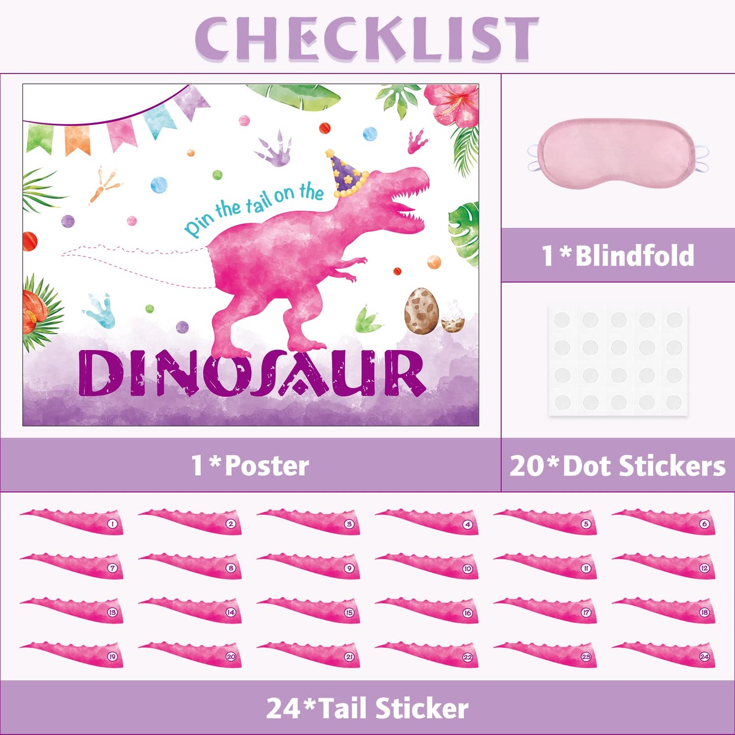 WERNNSAI Pin The Tail on The Dinosaur Game - Dino Theme Party Supplies, 21" x 28" Poster, 24 Pcs Pink Tails for Kids Birthday Parties