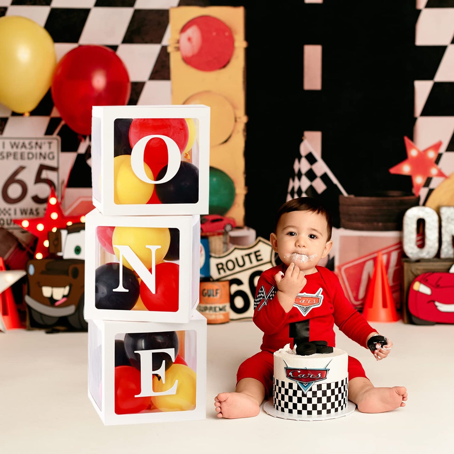 First Birthday Decorations For Boy Girls, One Balloon Boxes With Red Yellow And Black Balloons, One Blocks For Cartoon Mouse Rac