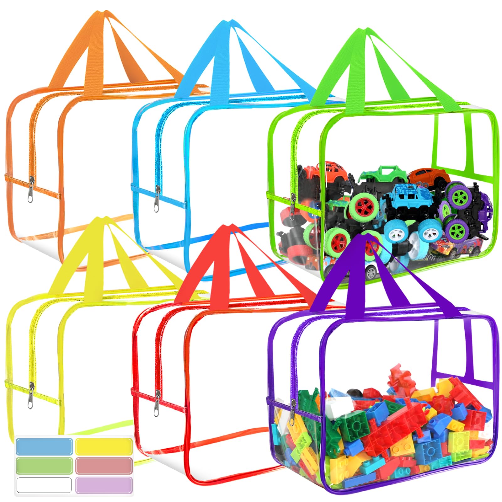 6 Colors Widen X-Large Toy Storage Bags 12.6  9.25  6.9In with Labels, Reusable Clear PVC Board Game Storage, Travel Waterproof 