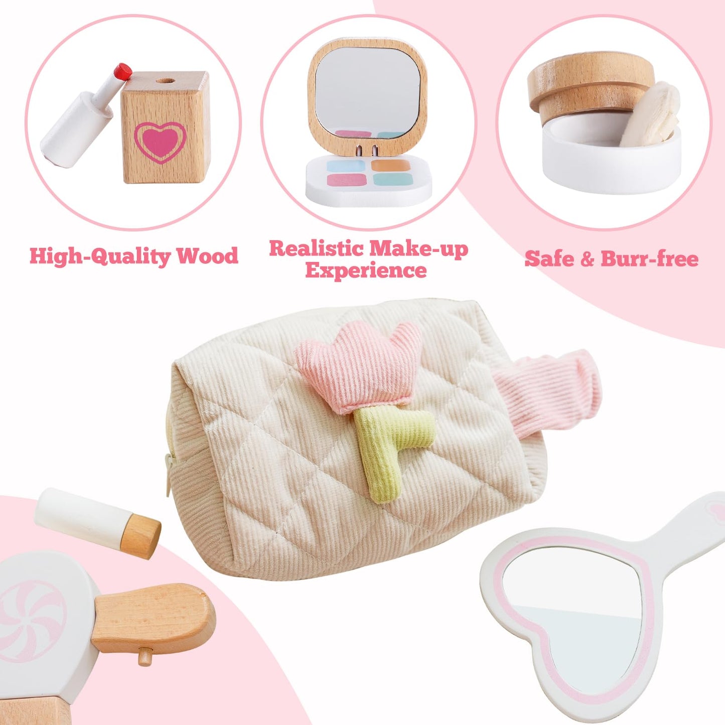 Wooden Makeup Toy Set for Toddlers, 16 Pieces Pretend Play Beauty Salon Kit with Styling Tools, Cosmetics and Storage Bag for Ki