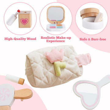 Wooden Makeup Toy Set for Toddlers, 16 Pieces Pretend Play Beauty Salon Kit with Styling Tools, Cosmetics and Storage Bag for Ki