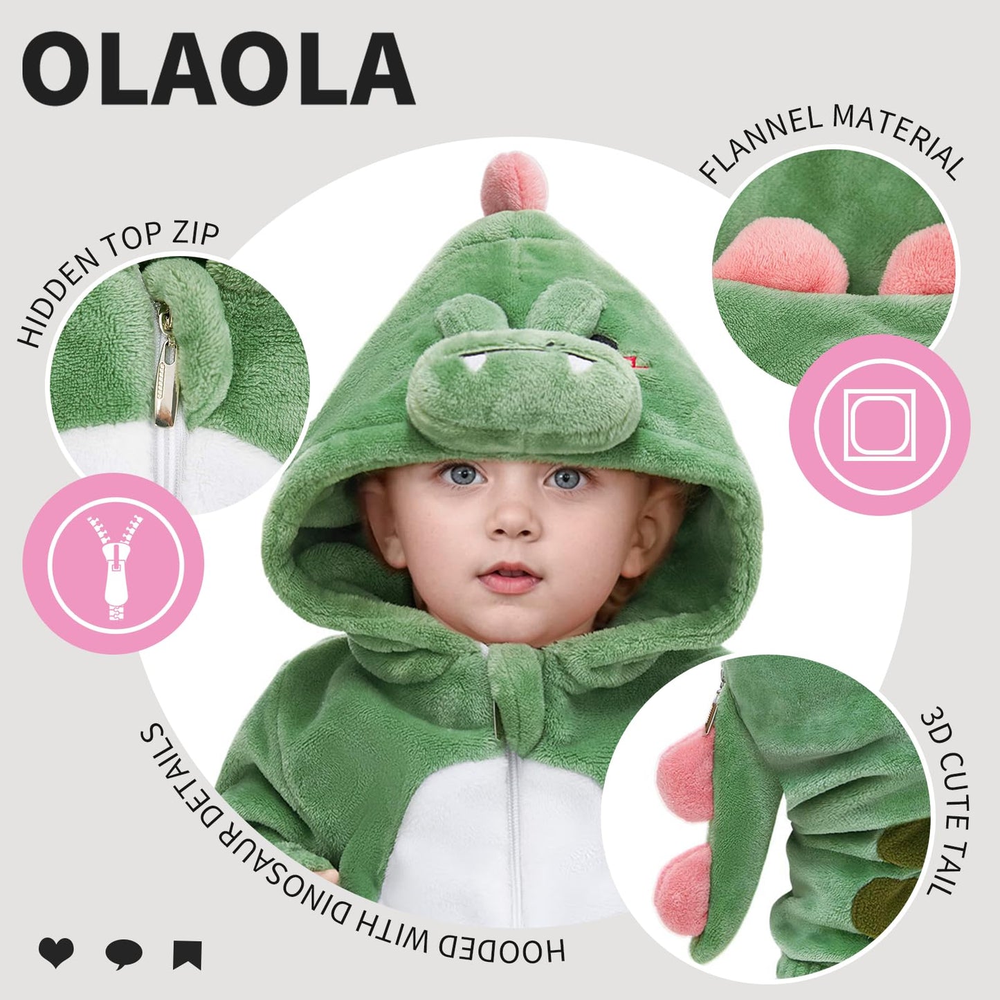 Olaola Baby Animal Costume Onesie, Unisex Toddler Dinosaur Romper, Plush Cosplay Dress Up Infant Outfits Halloween Costume