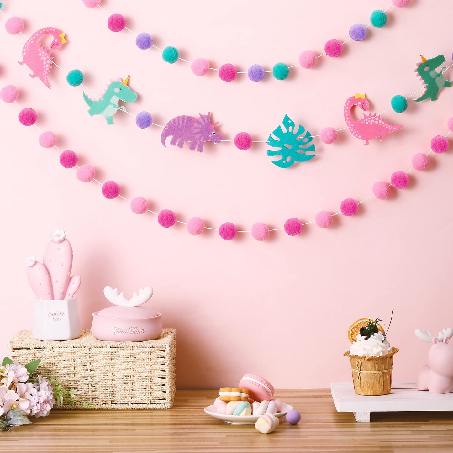 Kingdder 3 Pcs Pink Dinosaur Banner Party Decoration for Girls Pink Pom Pom Birthday Garland Felt Ball Banner Dinosaur Theme Hol