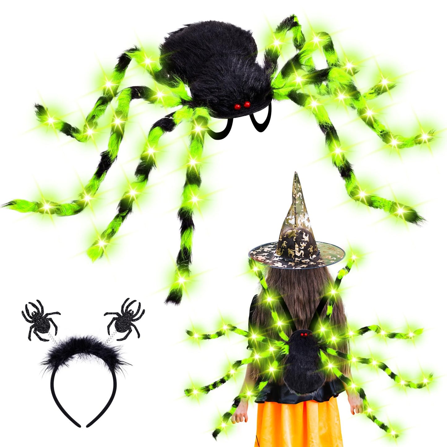 Garma Halloween Giant Spider Costume Set, 60 Led Green Light-Up Spider Backpack With Spider Headband, Scary Plush Costume For Ki
