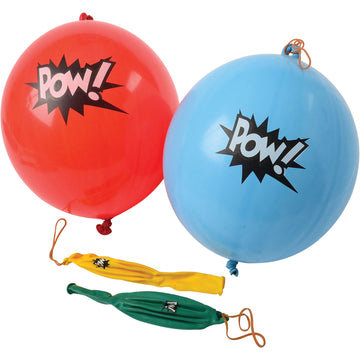 U.S. Toy Lot Of 12 Assorted Color Comic Book Super Hero Design Punch Balloons,blue, red, yellow, green
