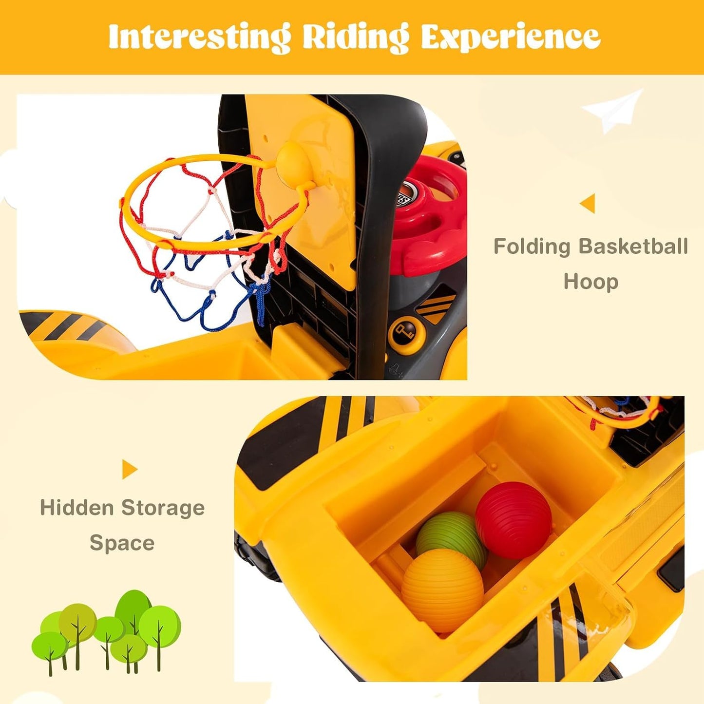 Costzon 2-in-1 Ride on Excavator Bulldozer, 6V Electric Excavator Ride on Toy with 3 Balls & Basketball Hoop, Adjustable Bucket,