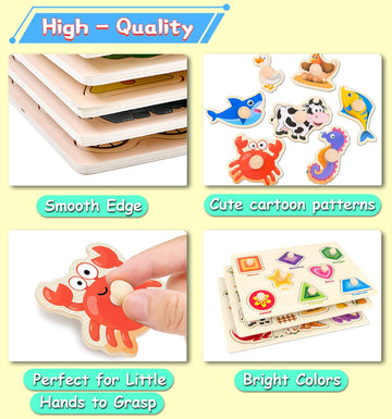 Wooden Peg Puzzles For Toddlers,Montessori Toddler Puzzles For Child,Fine Motor Skill Learning Puzzles Toys For Baby Boys Girls Gifts-6 Pcs Shape,Farm,Sea Animal,Dinosaurs,Fruits,Animals