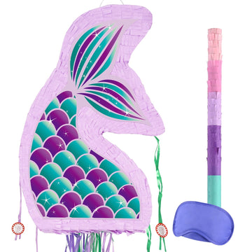 Wernnsai Foldable Mermaid Piñata - Pull String Mermaid Birthday Party Supplies Mermaid With Blindfold Bat And Tassels Mermaid Party Decoration Games Folding Purple Mermaid Piñatas For Classroom Game