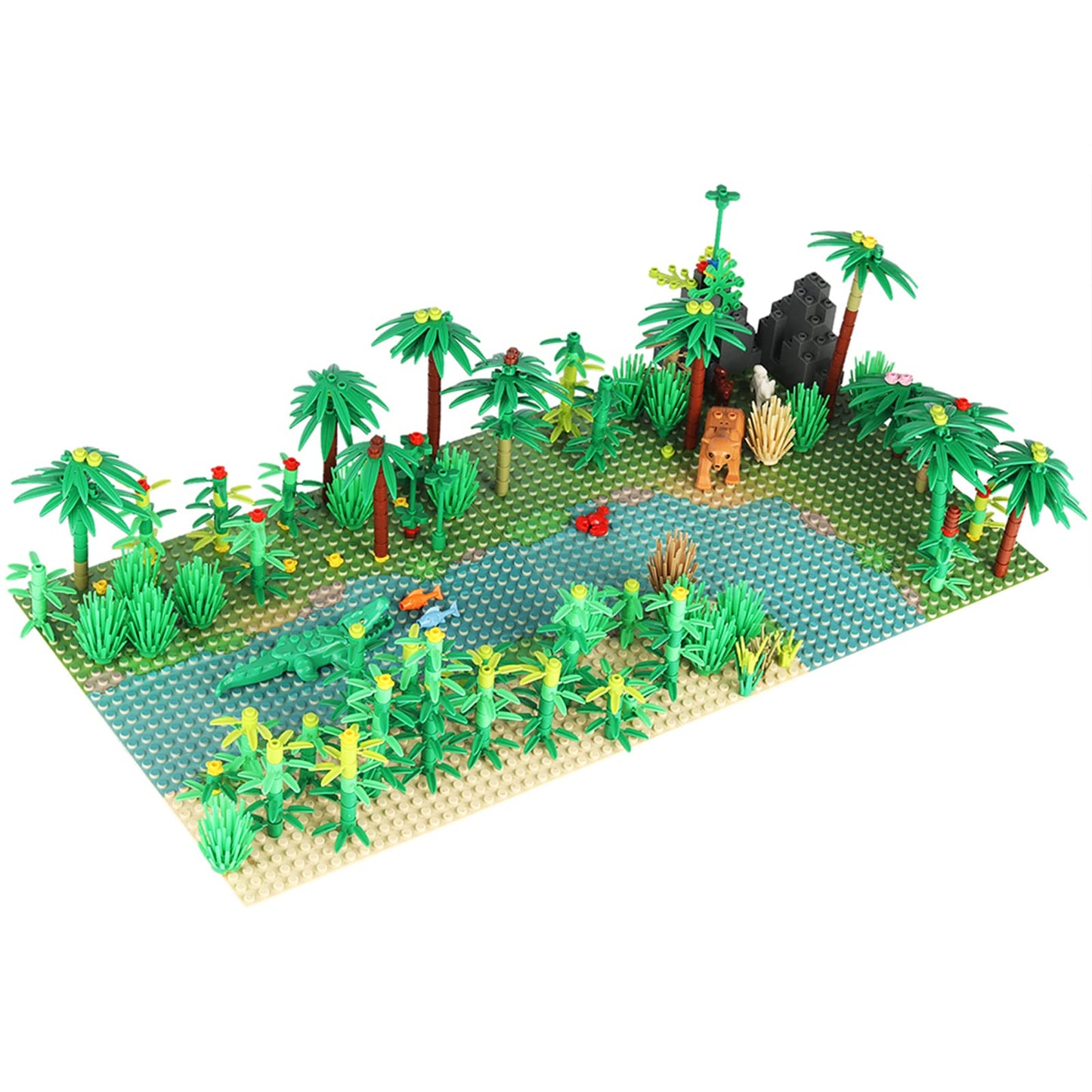 OLRMA Jungle Trees Building Bricks Set with 2 Base Plates, Multicolor Rainforest Plants & Animals Kit, Ideal for Kids & Adults