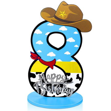 Vercraft Toy Theme 8th Birthday Party Number Centerpiece Cartoon Party Number Sign Blue Sky and White Cloud Cow Birthday Sign fo