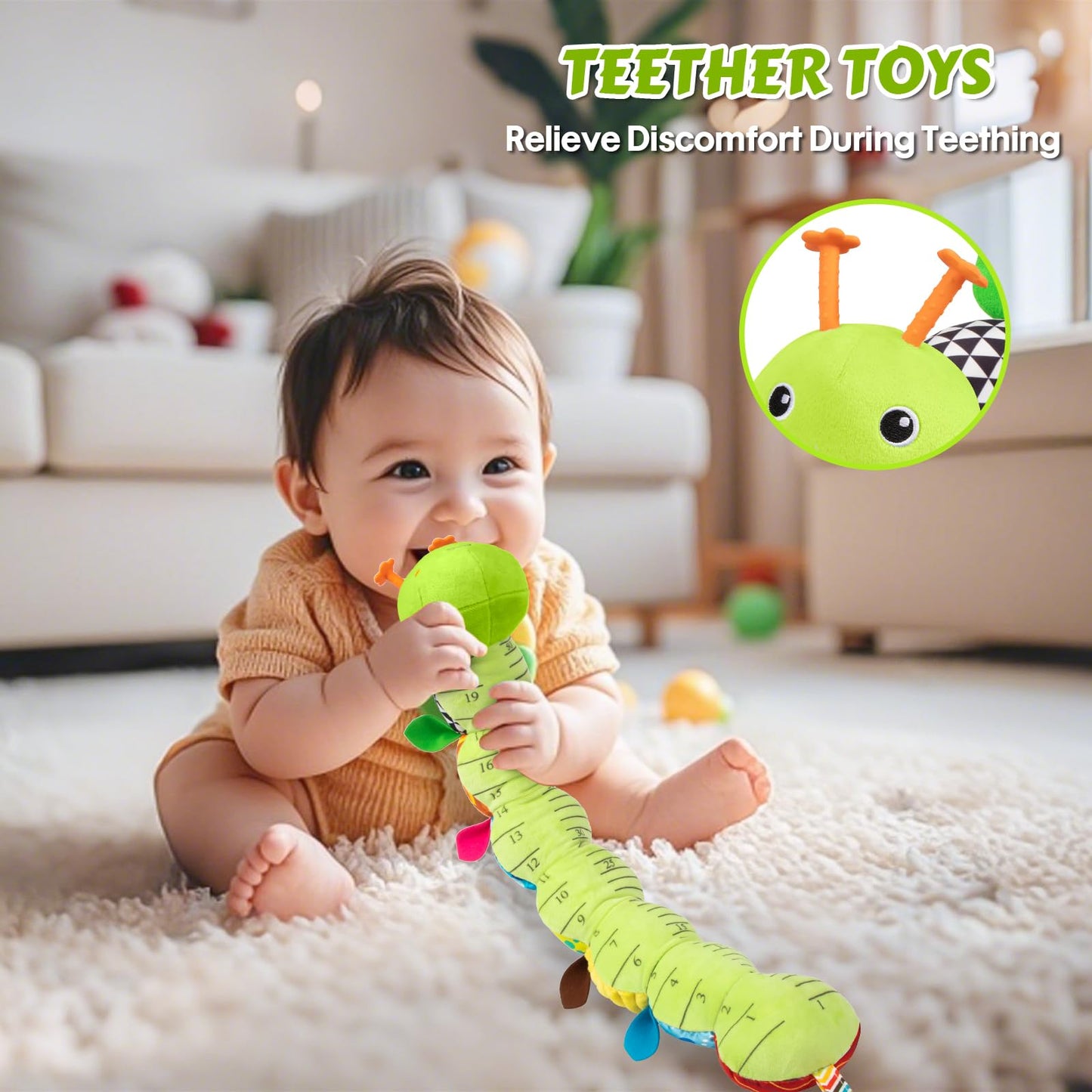 Baby Toys Musical Caterpillar  Infant Stuffed Animal for 0-6 6-12 Months with Crinkle and Rattles  Tummy Time Sensory Toys Newborn Boys Girls Gifts 0 3 6 9 12 Months - Green