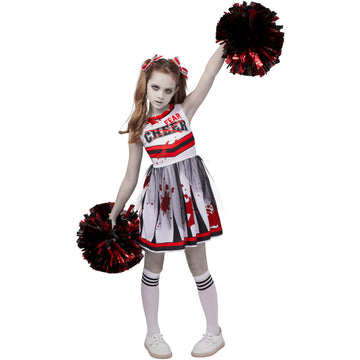 Spooktacular Creations Halloween Cheerleader Costume For Girls, Kids Zombie Cheerleader Outfit, Dead Fearleader Dress For Halloween Scary Costume Role Play Parties, Red White, L