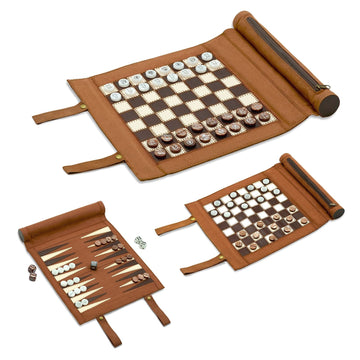 Woodronic 3 In 1 Backgammon Chess Checkers Set, Roll Up Travel Game Set For Adults And Kids, Brown, 13'' X 10''