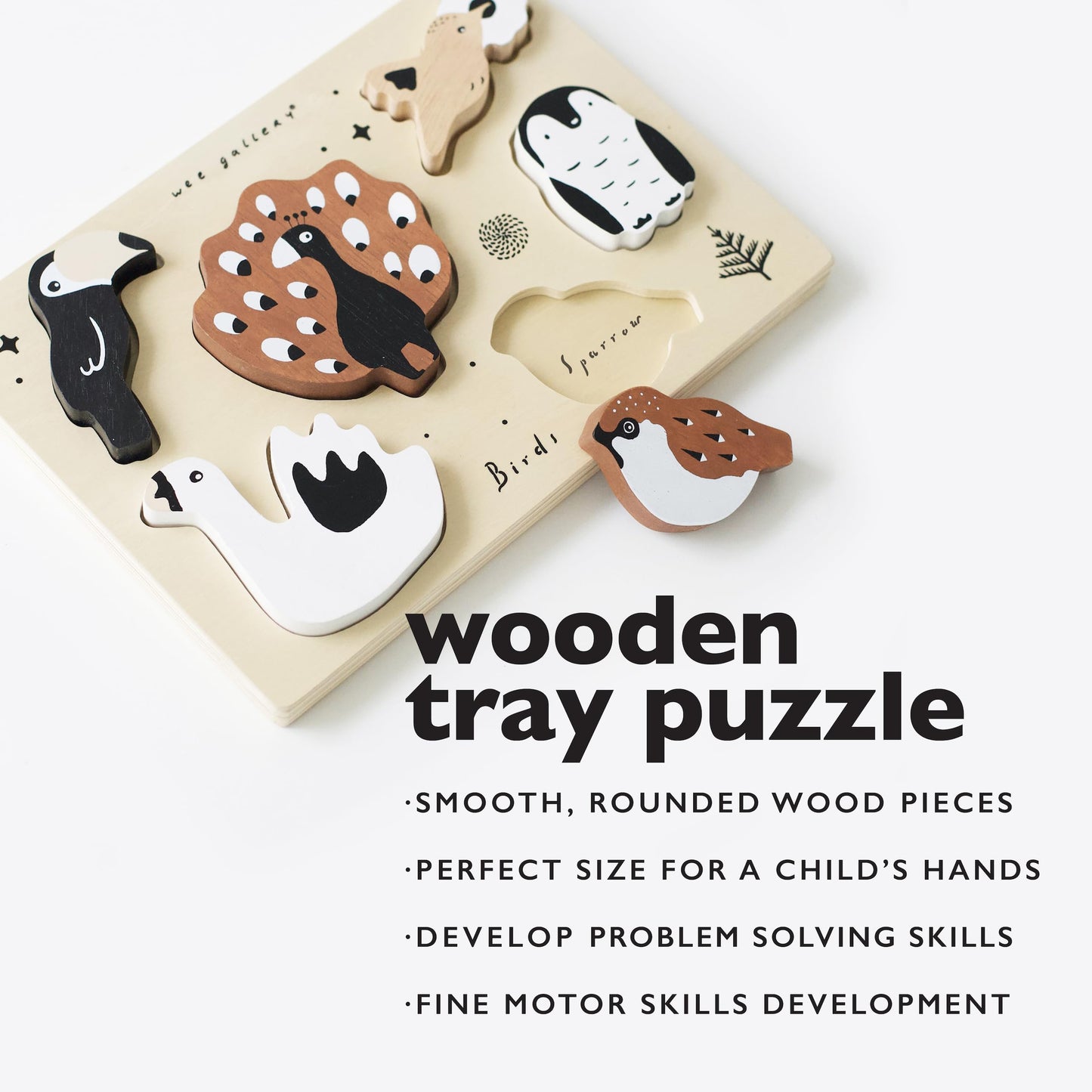 Wee Gallery Wooden Animals Tray Puzzle - Montessori Educational Toy for Kids, Rubberwood, Ages 2-4, Motor Skills Development
