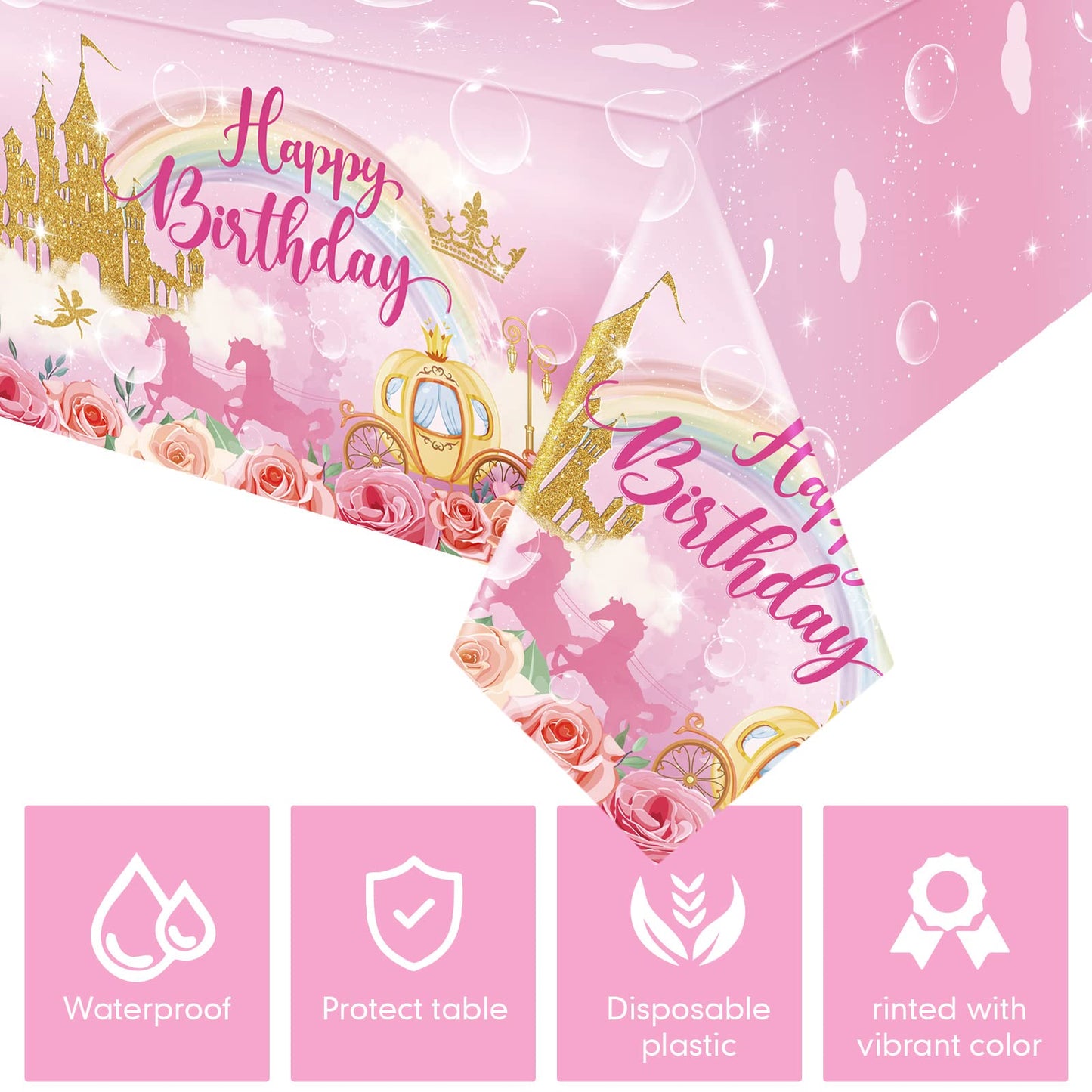 Oudain 3 Pack Princess Party Tablecloths Happy Birthday Princess Disposable Plastic Table Covers Unicorn Castle Rose Rectangular